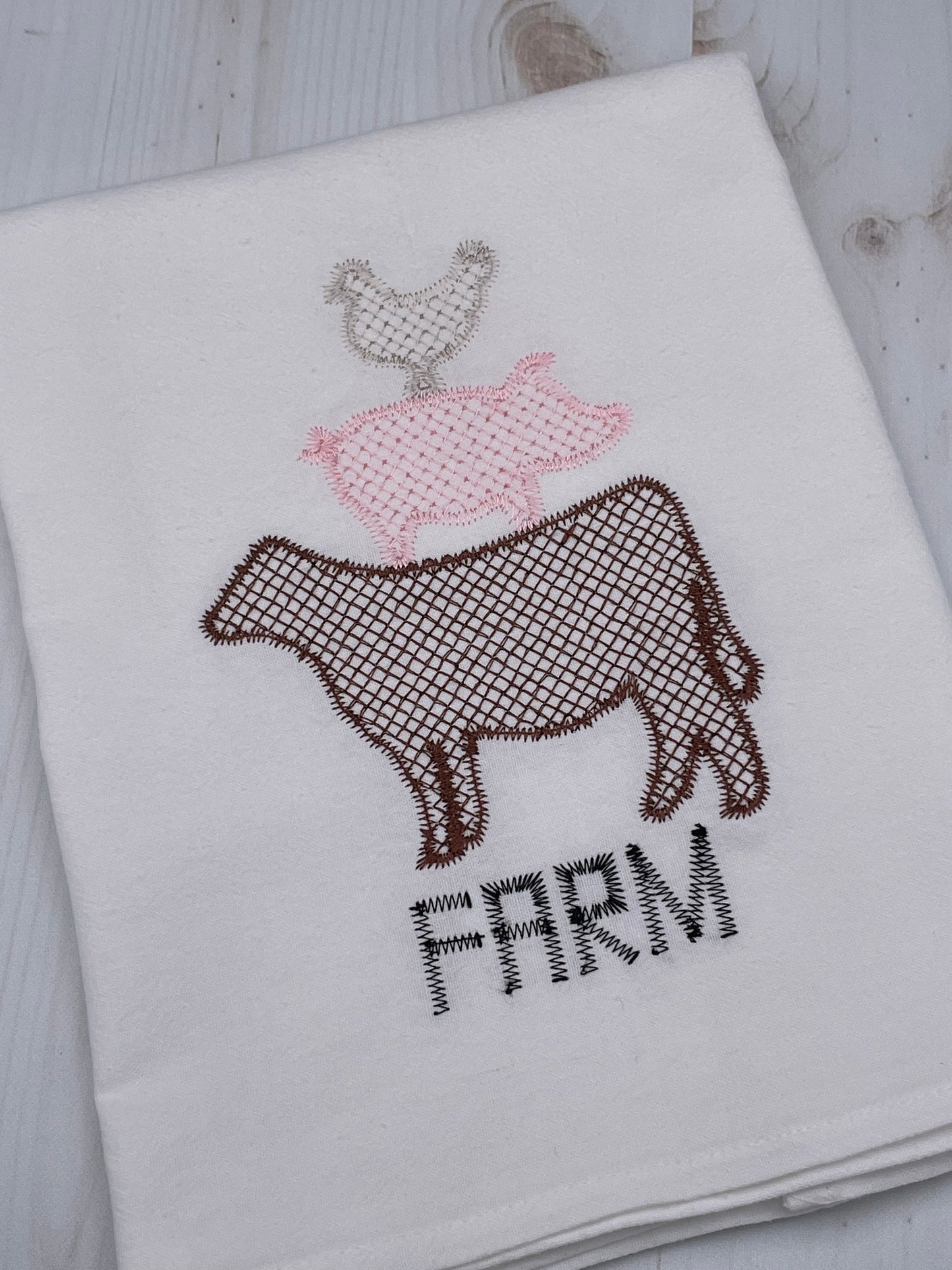 Stacked Animals Embroidered Flour Sack Towel, Farm, Farm Animals, Cow, Pig, Chicken, Gift, Kitchen Towel, Machine Embroidered