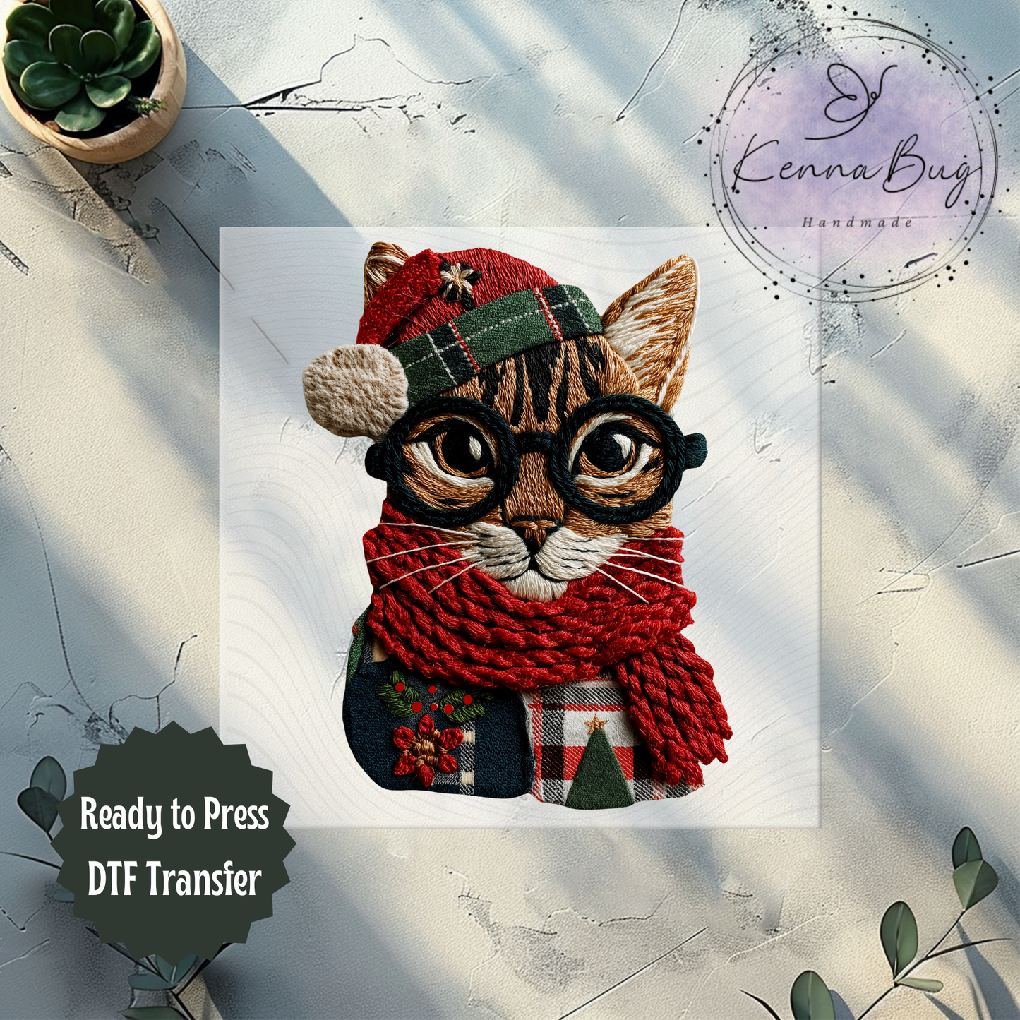 Faux Yarn, Faux Patchwork, Christmas Cat, DTF Transfer, Ready to Press, Shirt Transfer, Heat Transfer, Direct to film Transfer