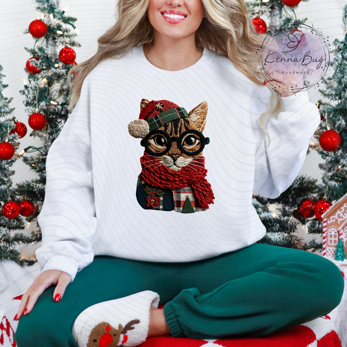 Faux Yarn, Faux Patchwork, Christmas Cat, DTF Transfer, Ready to Press, Shirt Transfer, Heat Transfer, Direct to film Transfer