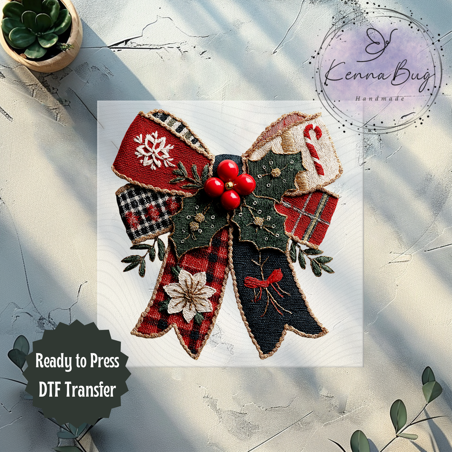 Faux Patchwork, Christmas Bow, DTF Transfer, Ready to Press, Shirt Transfer, Heat Transfer, Direct to film Transfer
