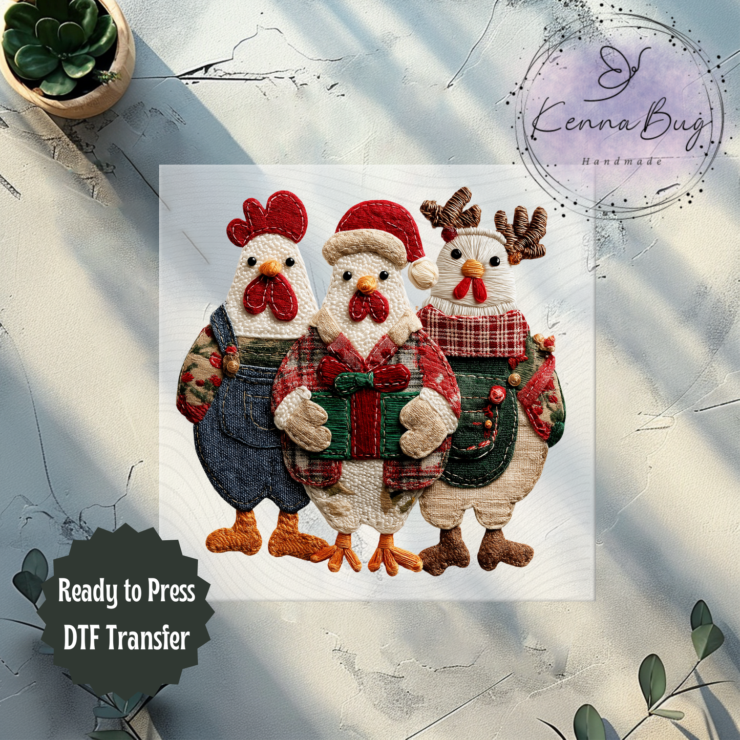 Faux Patchwork, Christmas Chickens, DTF Transfer, Ready to Press, Shirt Transfer, Heat Transfer, Direct to film Transfer