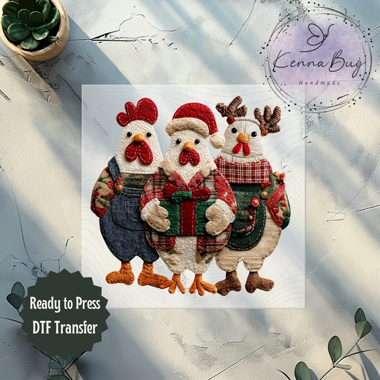 Faux Patchwork, Christmas Chickens, DTF Transfer, Ready to Press, Shirt Transfer, Heat Transfer, Direct to film Transfer