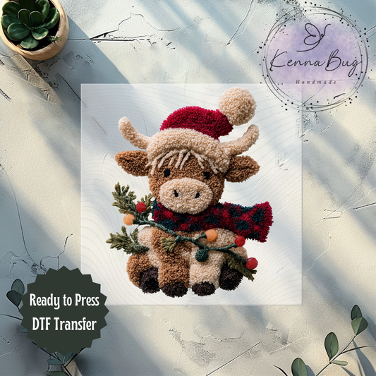 Faux Yarn, Christmas Highland Cow, DTF Transfer, Ready to Press, Shirt Transfer, Heat Transfer, Direct to film Transfer
