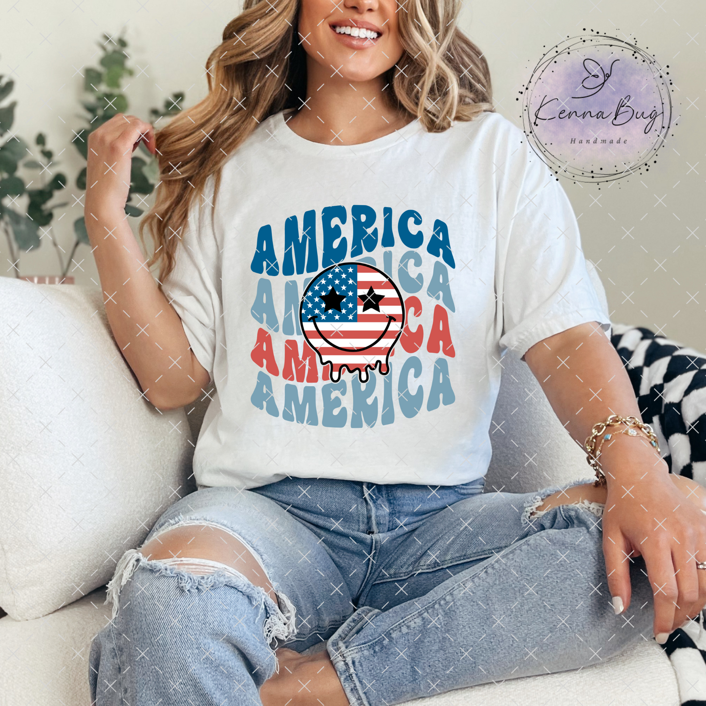 America, Smiley Face, Retro Look, 4th Of July, Patriotic, Independence Day, DTF Transfer, Ready to Press, Shirt Transfer, Heat Transfer, Direct to film Transfer