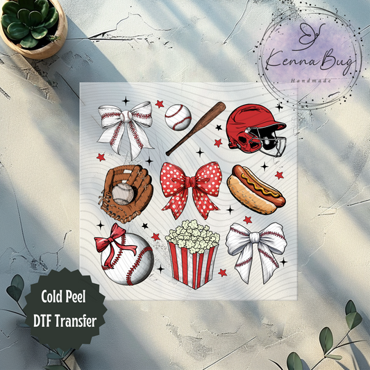 Baseball Coquette, Sports, Baseballs, Bows, Popcorn, Hotdog, DTF Transfer, Ready to Press, Shirt Transfer, Heat Transfer, Direct to film Transfer