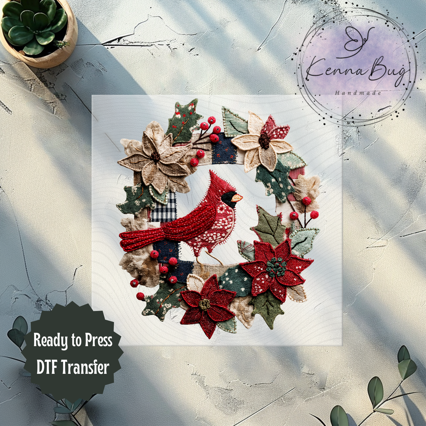 Faux Patchwork, Christmas Cardinal Wreath, DTF Transfer, Ready to Press, Shirt Transfer, Heat Transfer, Direct to film Transfer