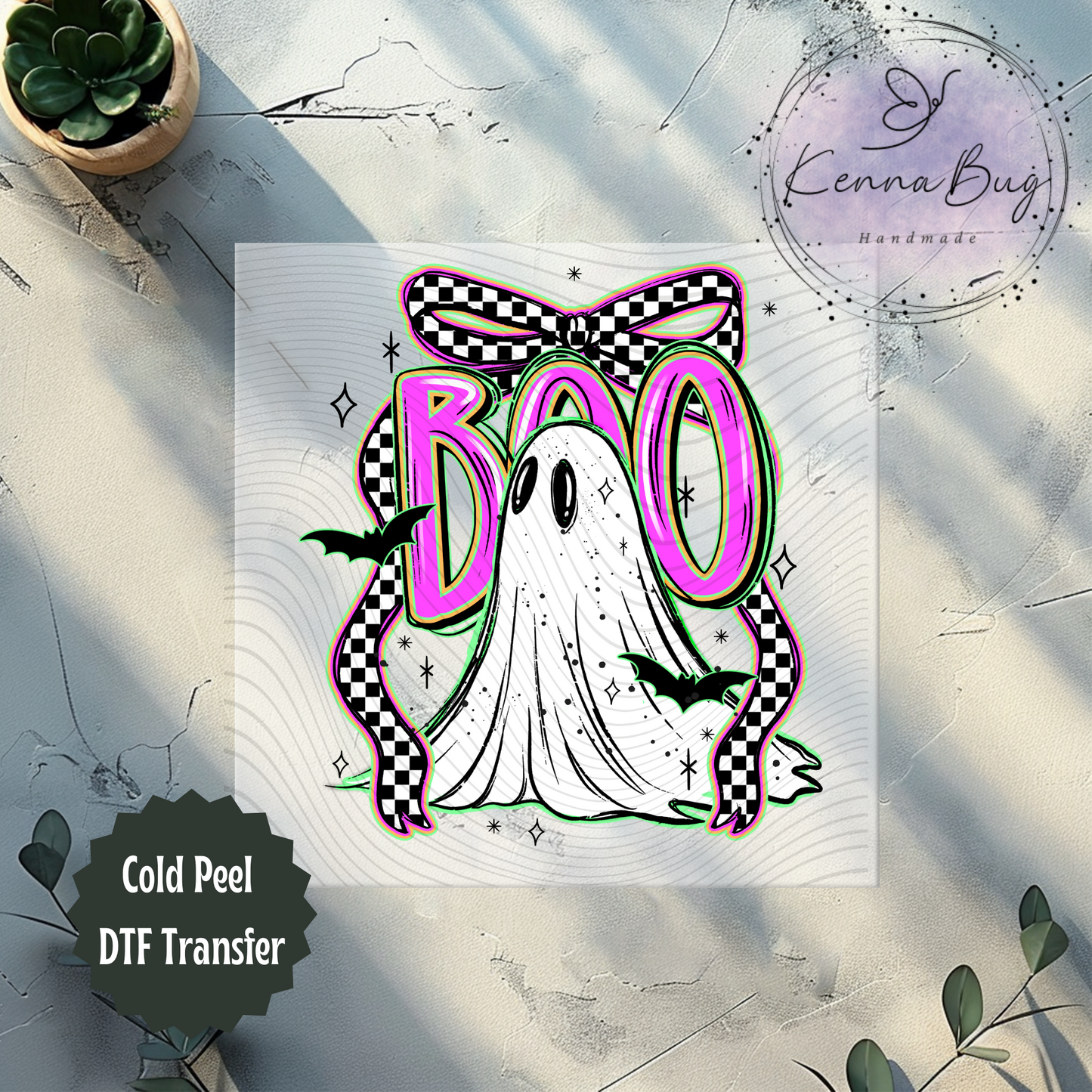 Checkered Bow, Pink Boo, Ghost, Halloween, DTF Transfer, Ready to Press, Shirt Transfer, Heat Transfer, Direct to film Transfer
