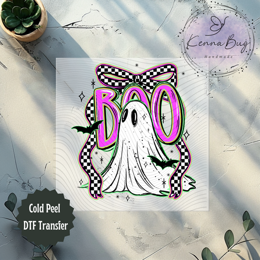 Checkered Bow, Pink Boo, Ghost, Halloween, DTF Transfer, Ready to Press, Shirt Transfer, Heat Transfer, Direct to film Transfer
