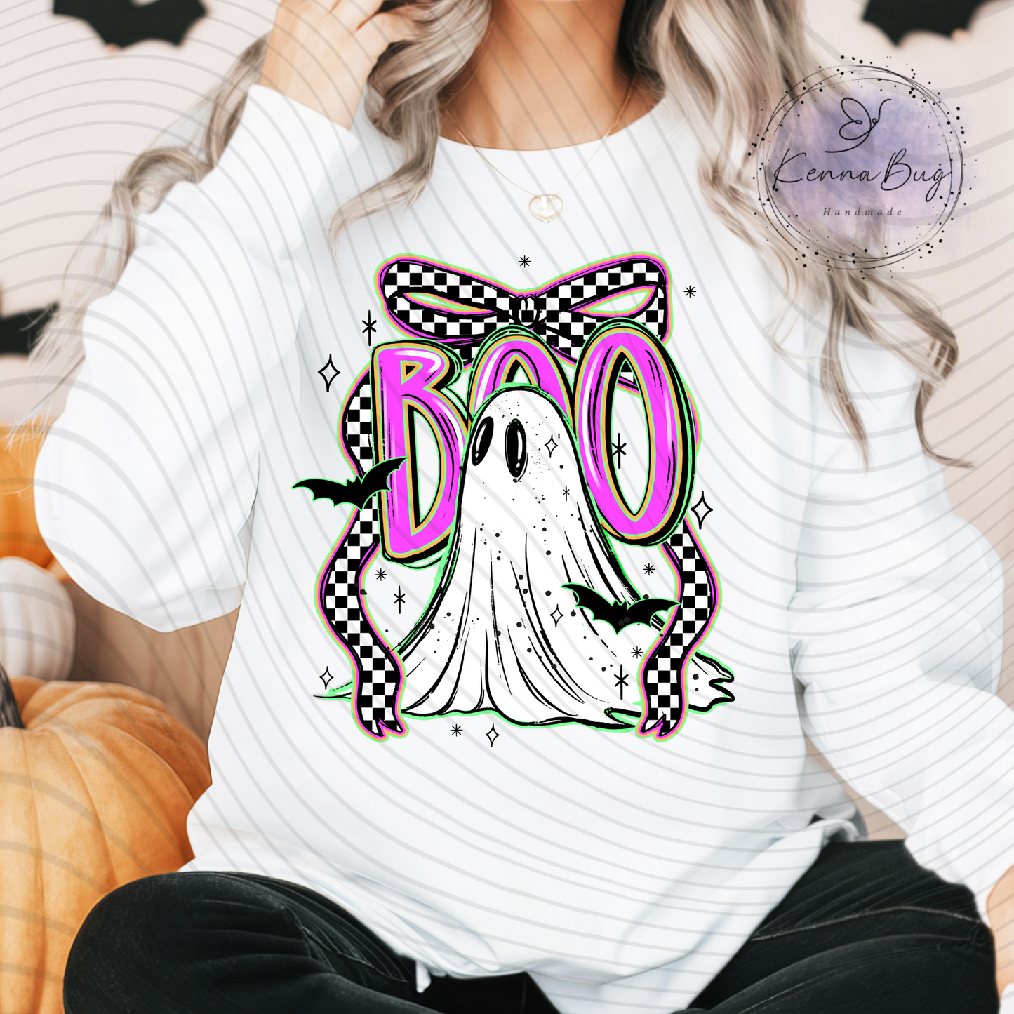 Checkered Bow, Pink Boo, Ghost, Halloween, DTF Transfer, Ready to Press, Shirt Transfer, Heat Transfer, Direct to film Transfer