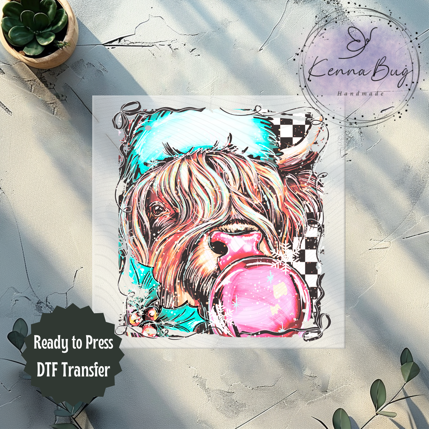 Checkered Winter Highland Cow, Selfie, Christmas, DTF Transfer, Ready to Press, Shirt Transfer, Heat Transfer, Direct to film Transfer