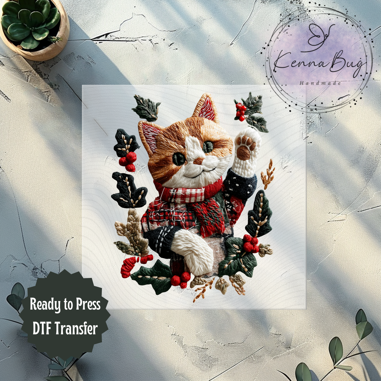 Faux Yarn, Faux Patchwork, Christmas Kitten, DTF Transfer, Ready to Press, Shirt Transfer, Heat Transfer, Direct to film Transfer