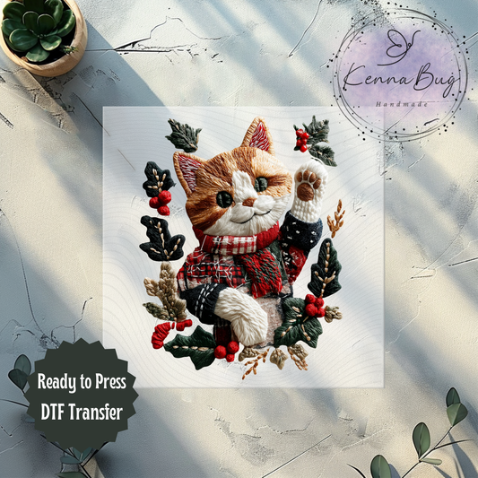 Faux Yarn, Faux Patchwork, Christmas Kitten, DTF Transfer, Ready to Press, Shirt Transfer, Heat Transfer, Direct to film Transfer