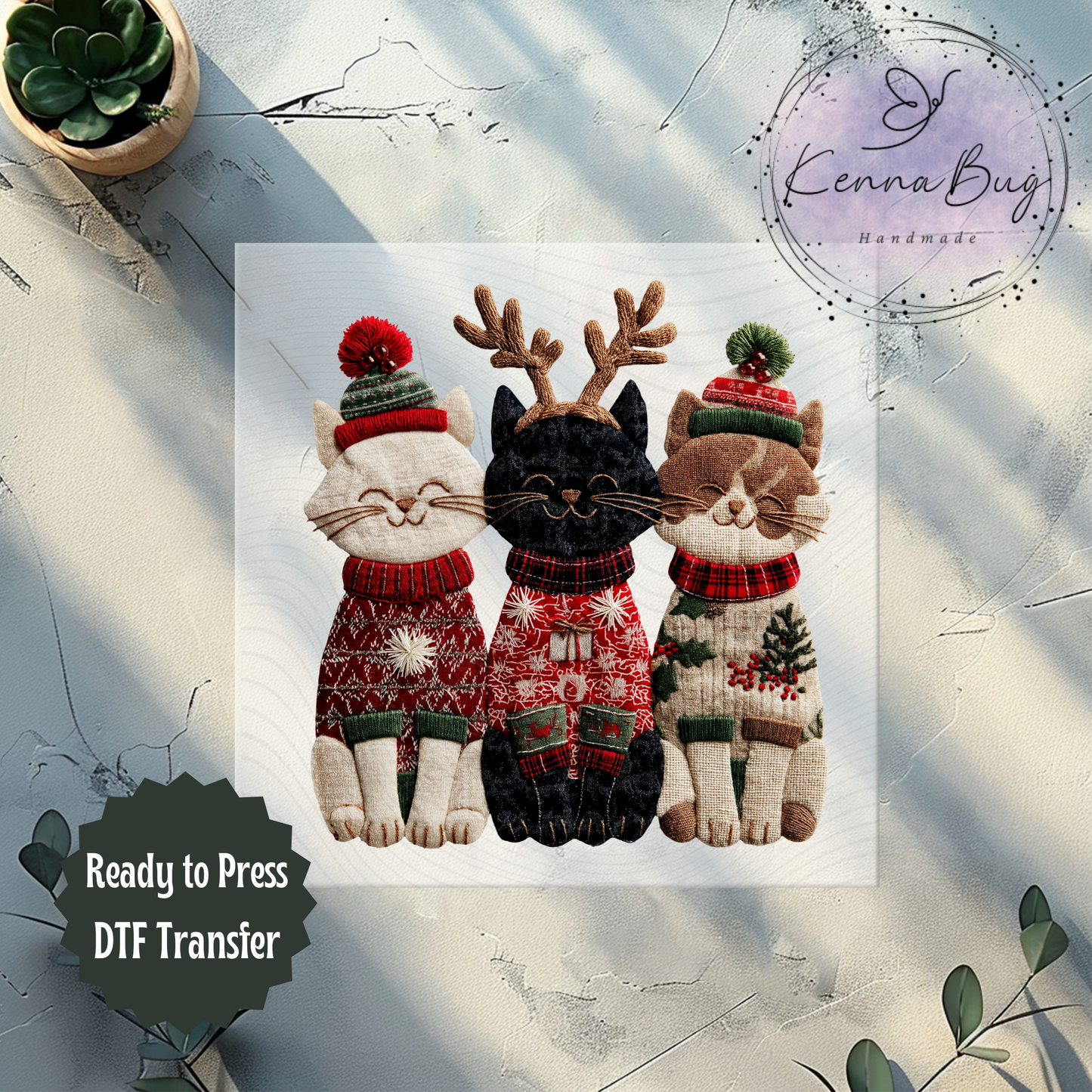 Faux Yarn, Faux Patchwork, Christmas Kitties, DTF Transfer, Ready to Press, Shirt Transfer, Heat Transfer, Direct to film Transfer