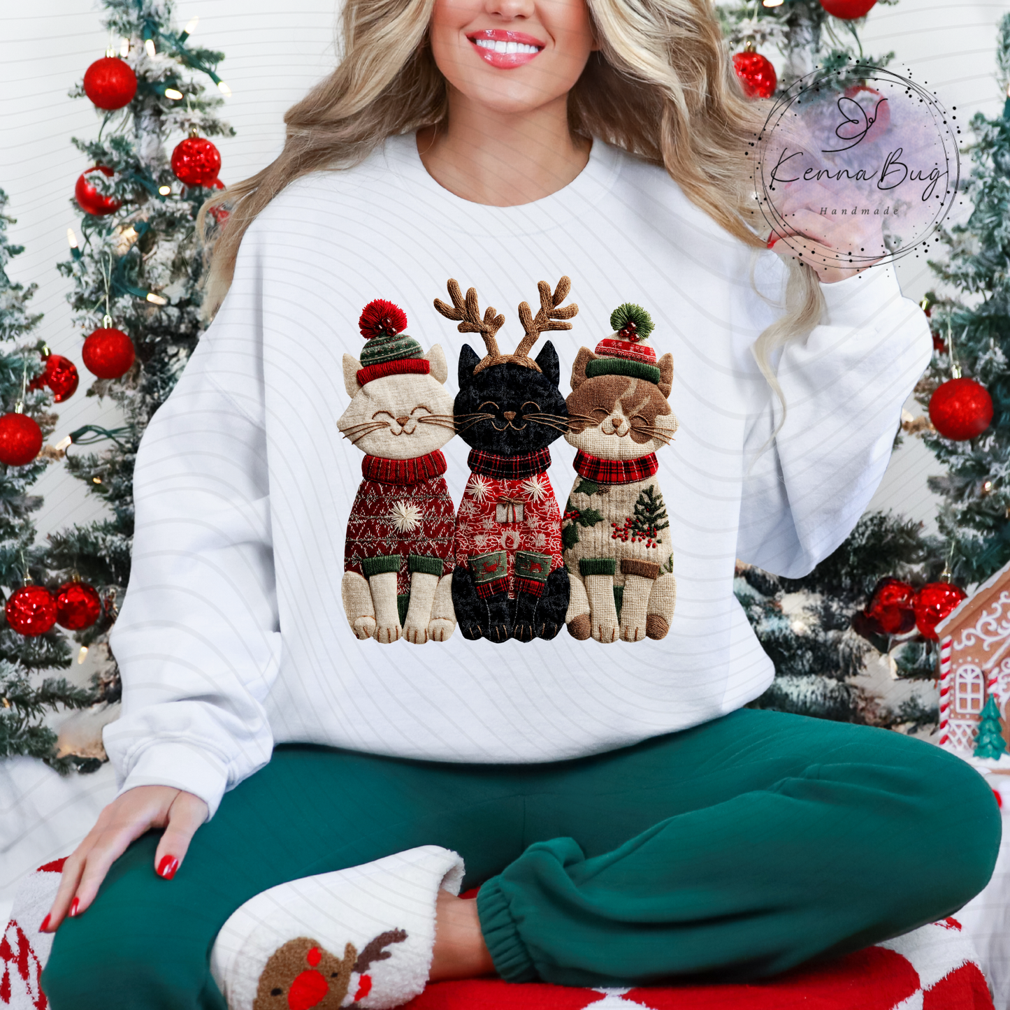 Faux Yarn, Faux Patchwork, Christmas Kitties, DTF Transfer, Ready to Press, Shirt Transfer, Heat Transfer, Direct to film Transfer