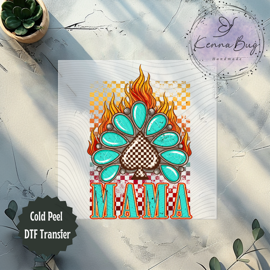 Mama, Turquoise Concho, Checkered Spade, Flames, Western, DTF Transfer, Ready to Press, Shirt Transfer, Heat Transfer, Direct to film Transfer