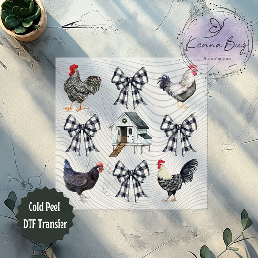 Coquette Chickens, Watercolor, Coop, Bows DTF Transfer, Ready to Press, Shirt Transfer, Heat Transfer, Direct to film Transfer