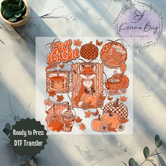 Cozy Season, Fox, Fall Leaves, Pumpkins, DTF Transfer, Ready to Press, Shirt Transfer, Heat Transfer, Direct to film Transfer