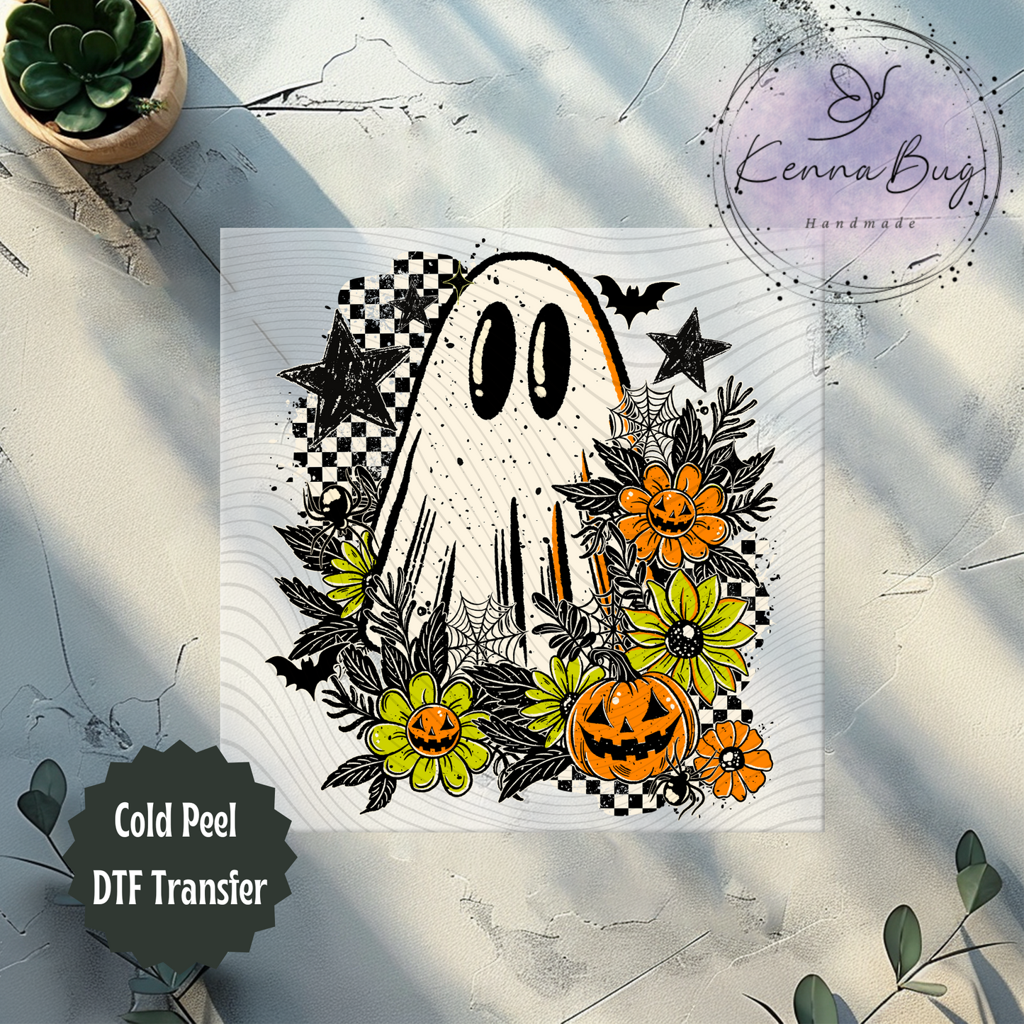 Daisy Ghost, Halloween, Checkered, Pumpkin, DTF Transfer, Ready to Press, Shirt Transfer, Heat Transfer, Direct to film Transfer