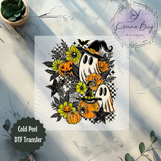 Daisy Ghosts with Witch Hat, Halloween, Checkered, Pumpkin, DTF Transfer, Ready to Press, Shirt Transfer, Heat Transfer, Direct to film Transfer