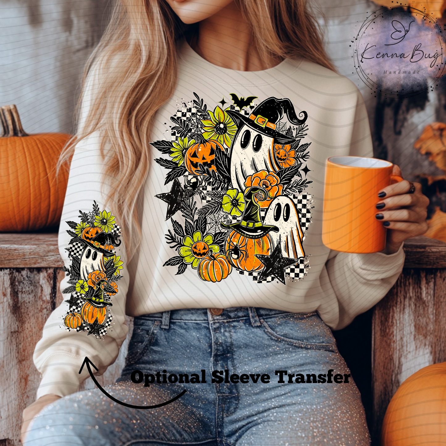 Daisy Ghosts with Witch Hat, Halloween, Checkered, Pumpkin, DTF Transfer, Ready to Press, Shirt Transfer, Heat Transfer, Direct to film Transfer