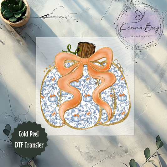 Fall Blue Pumpkin with Bow, Grand Millennial, DTF Transfer, Ready to Press, Shirt Transfer, Heat Transfer, Direct to film Transfer