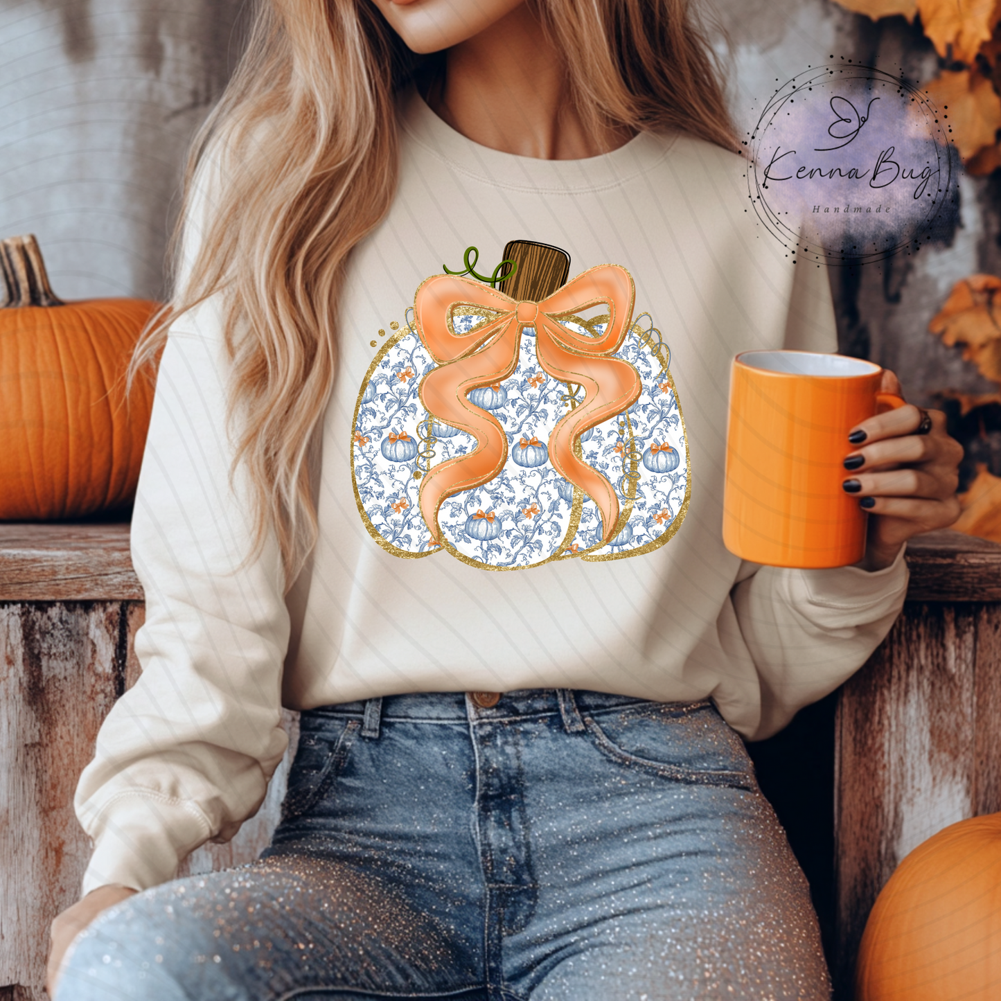 Fall Blue Pumpkin with Bow, Grand Millennial, DTF Transfer, Ready to Press, Shirt Transfer, Heat Transfer, Direct to film Transfer