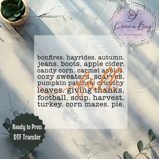 Fall Words, Cozy, Autumn, Bonfires, DTF Transfer, Ready to Press, Shirt Transfer, Heat Transfer, Direct to film Transfer