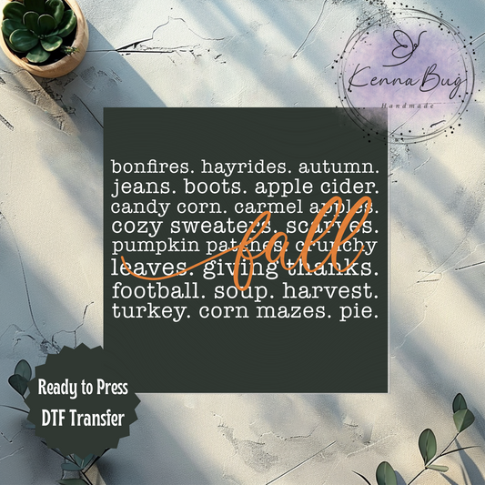 Fall Words, Cozy, Autumn, Bonfires, White Text, DTF Transfer, Ready to Press, Shirt Transfer, Heat Transfer, Direct to film Transfer