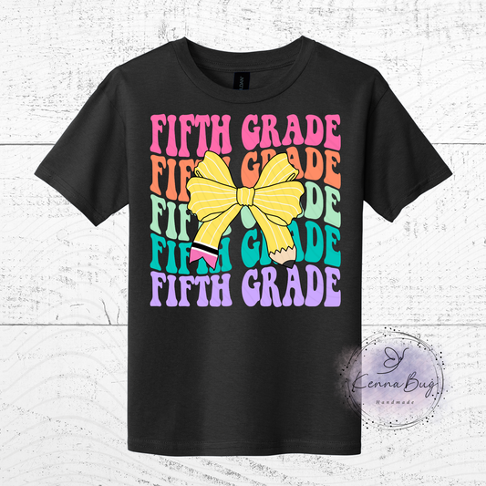 Fifth Grade, Back to School, Pencil Bow, Custom T-Shirt, Pick your Color, Graphic Tee, Youth Gildan Soft Style, Kids