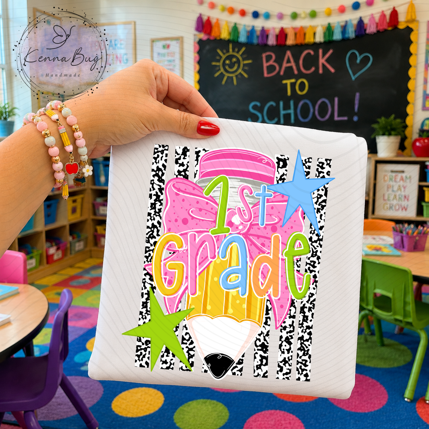 First Grade, 1st Grade, Back to School, Pencil, Bow, DTF Transfer, Ready to Press, Shirt Transfer, Heat Transfer, Direct to film Transfer