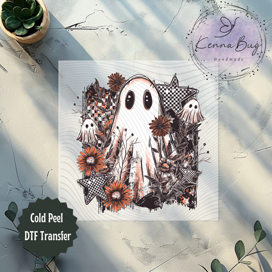 Floral, Boo, Ghost, Checkered, Halloween, No Mouth, DTF Transfer, Ready to Press, Shirt Transfer, Heat Transfer, Direct to film Transfer