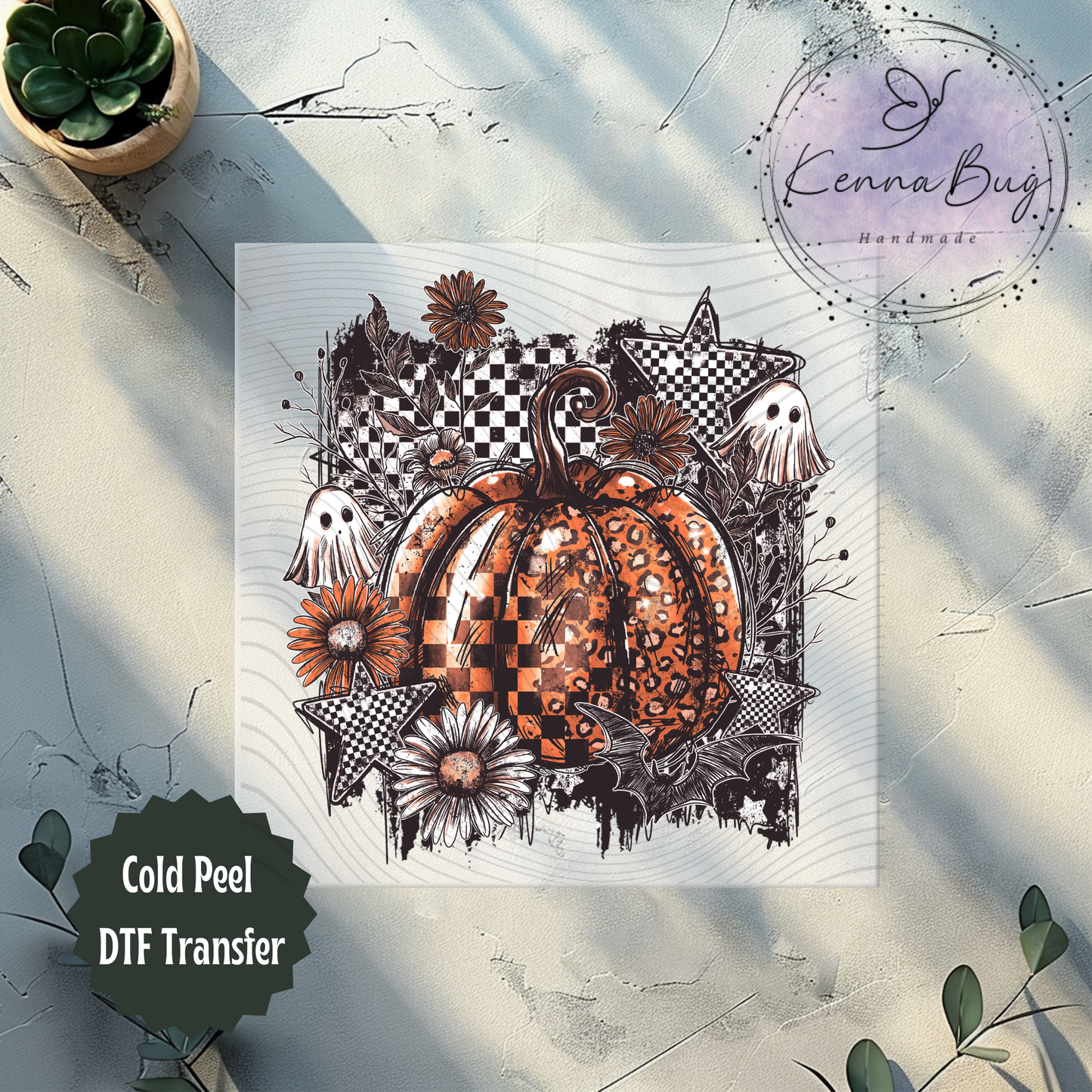 Floral Checkered Pumpkin, Ghost, Halloween, DTF Transfer, Ready to Press, Shirt Transfer, Heat Transfer, Direct to film Transfer