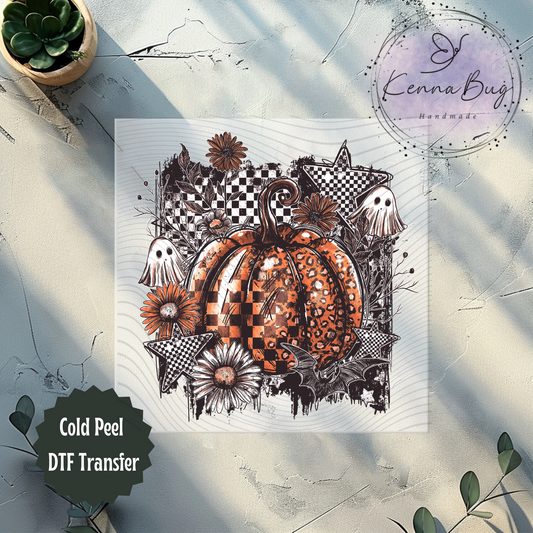 Floral Checkered Pumpkin, Ghost, Halloween, DTF Transfer, Ready to Press, Shirt Transfer, Heat Transfer, Direct to film Transfer