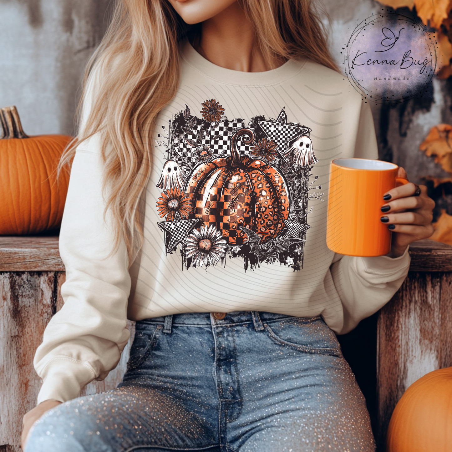 Floral Checkered Pumpkin, Ghost, Halloween, DTF Transfer, Ready to Press, Shirt Transfer, Heat Transfer, Direct to film Transfer