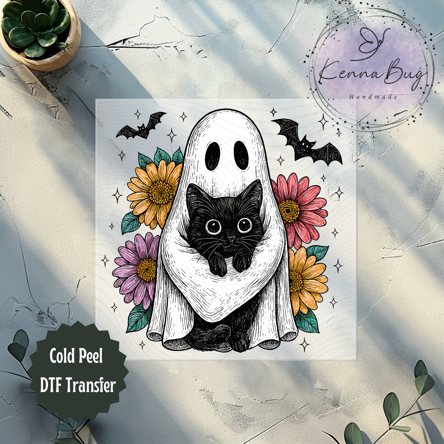 Cute, Floral, Ghost and Black Cat, Halloween, DTF Transfer, Ready to Press, Shirt Transfer, Heat Transfer, Direct to film Transfer