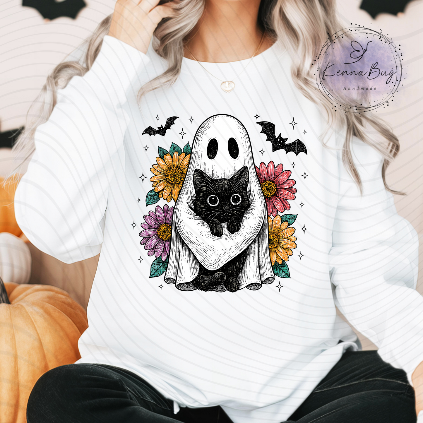 Cute, Floral, Ghost and Black Cat, Halloween, DTF Transfer, Ready to Press, Shirt Transfer, Heat Transfer, Direct to film Transfer