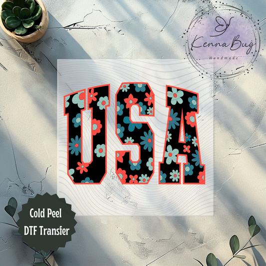 Floral USA, Retro Look, 4th Of July, Patriotic, DTF Transfer, Ready to Press, Shirt Transfer, Heat Transfer, Direct to film Transfer