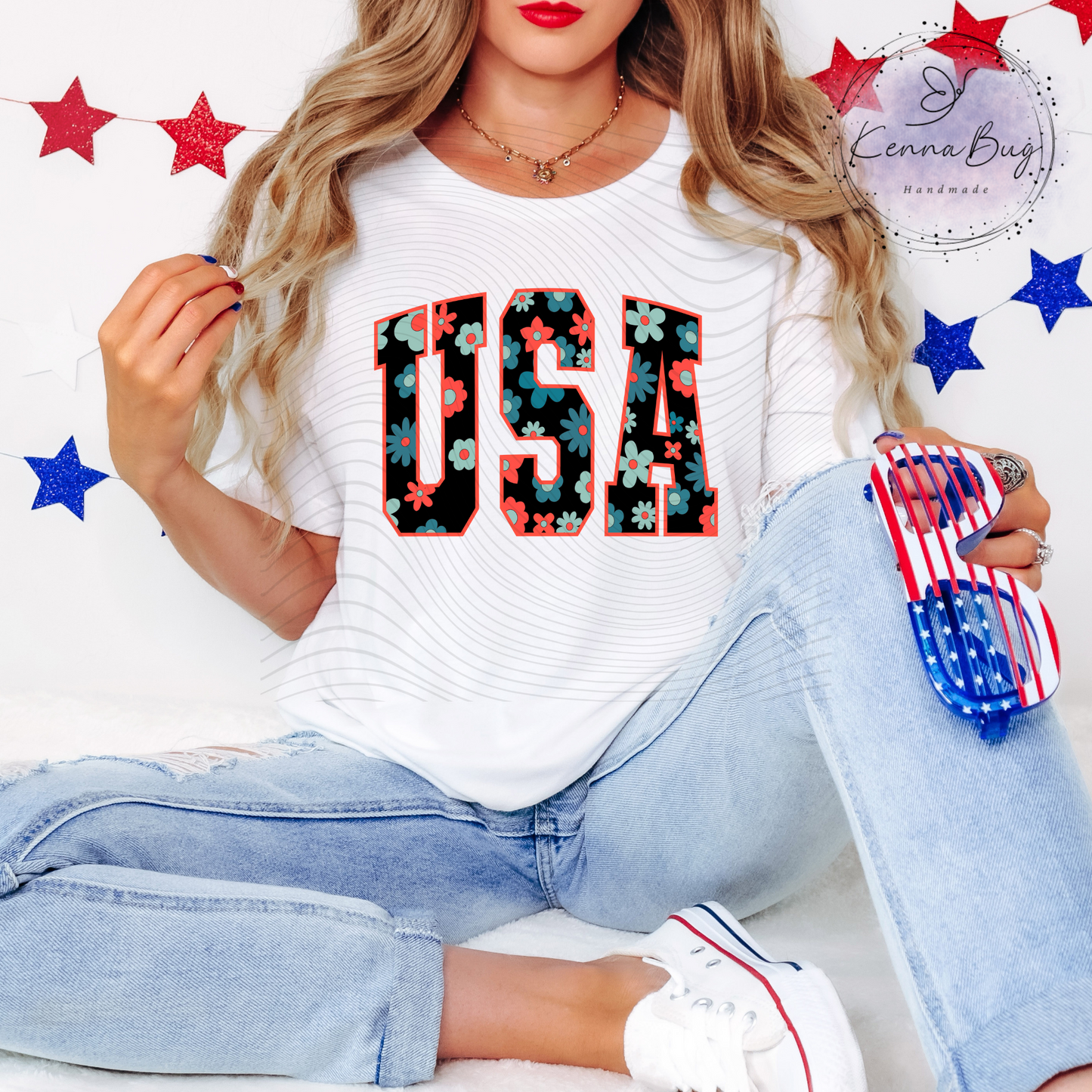 Floral USA, Retro Look, 4th Of July, Patriotic, DTF Transfer, Ready to Press, Shirt Transfer, Heat Transfer, Direct to film Transfer