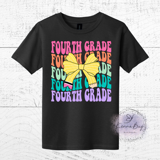 Fourth Grade, Back to School, Pencil Bow, Custom T-Shirt, Pick your Color, Graphic Tee, Youth Gildan Soft Style, Kids