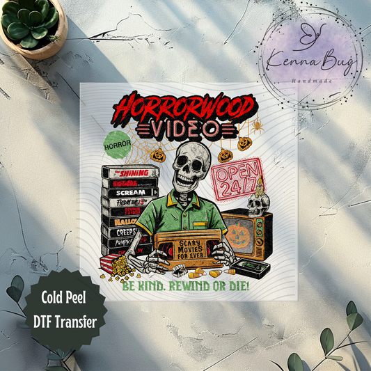 Horrorwood Video, Horror Movies, VHS, Skeleton, DTF Transfer, Ready to Press, Shirt Transfer, Heat Transfer, Direct to film Transfer