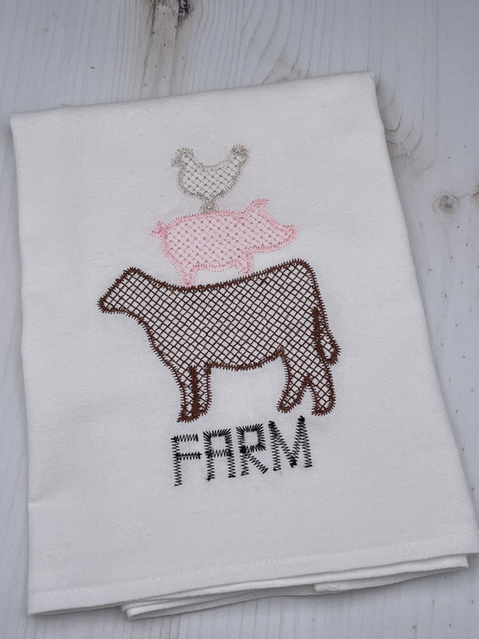 Stacked Animals Embroidered Flour Sack Towel, Farm, Farm Animals, Cow, Pig, Chicken, Gift, Kitchen Towel, Machine Embroidered