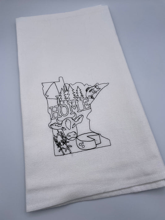 Minnesota, Home, Flour Sack Towel, Gift, Mothers Day,  House Warming, Birthday, Kitchen Towel, Machine Embroidered