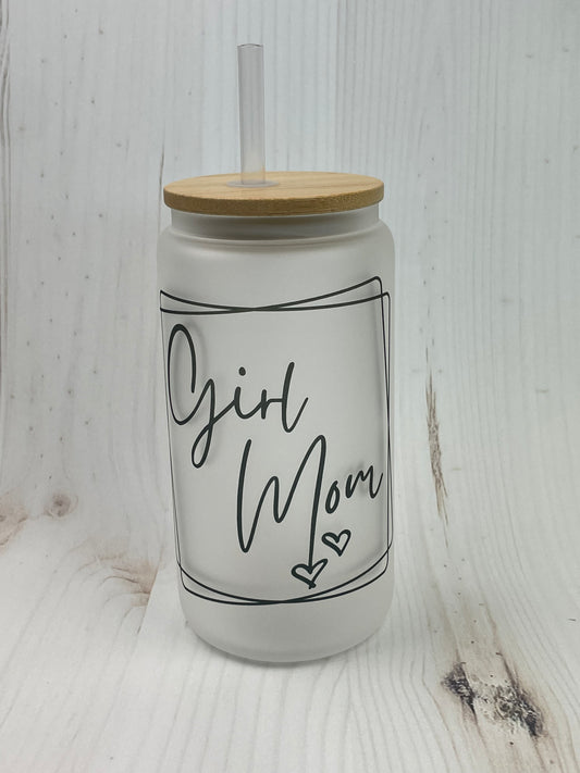 Girl Mom, 16oz Frosted Libbey Can Cup, Sublimation, Gift, Mothers Day Gift, Gifts for Her, Glass Tumbler, Iced Coffee