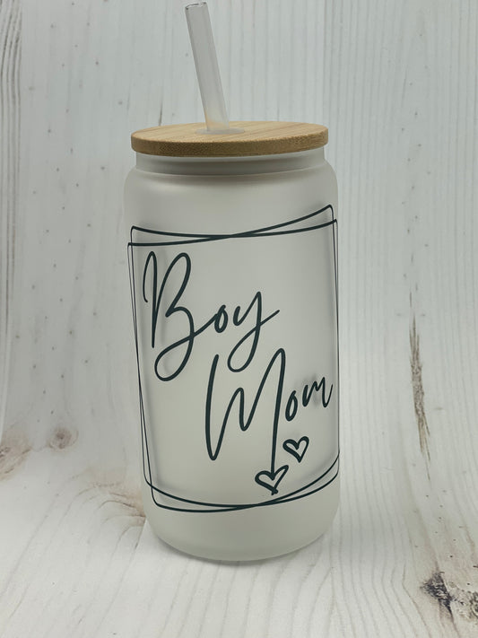 Boy Mom, 16oz Frosted Libbey Can Cup, Sublimation, Gift, Mothers Day Gift, Gifts for Her, Glass Tumbler, Iced Coffee