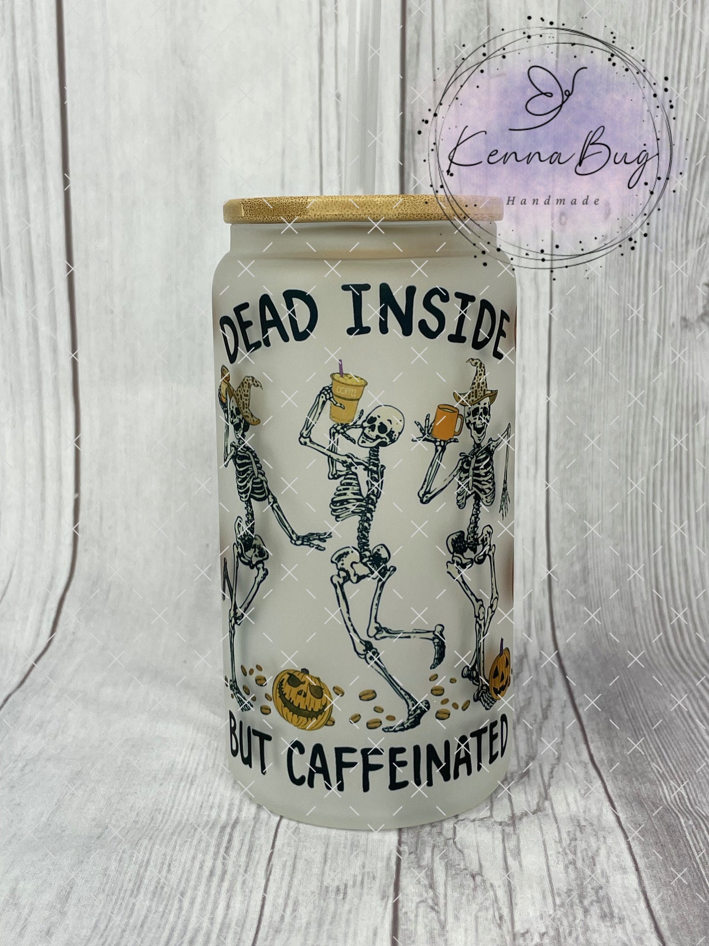 Dead Inside but Caffeinated, 16oz Frosted Libbey Can Cup, Halloween, Pumpkins, Skeleton, Sublimation, Gift, Glass Tumbler, Iced Coffee Cup