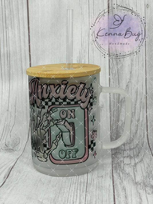 Anxiety On Off, Adult Humor, 16oz Frosted Cup With Handle, Sublimation, Gift, Mothers Day Gift, Gifts for Her, Glass Tumbler, Iced Coffee