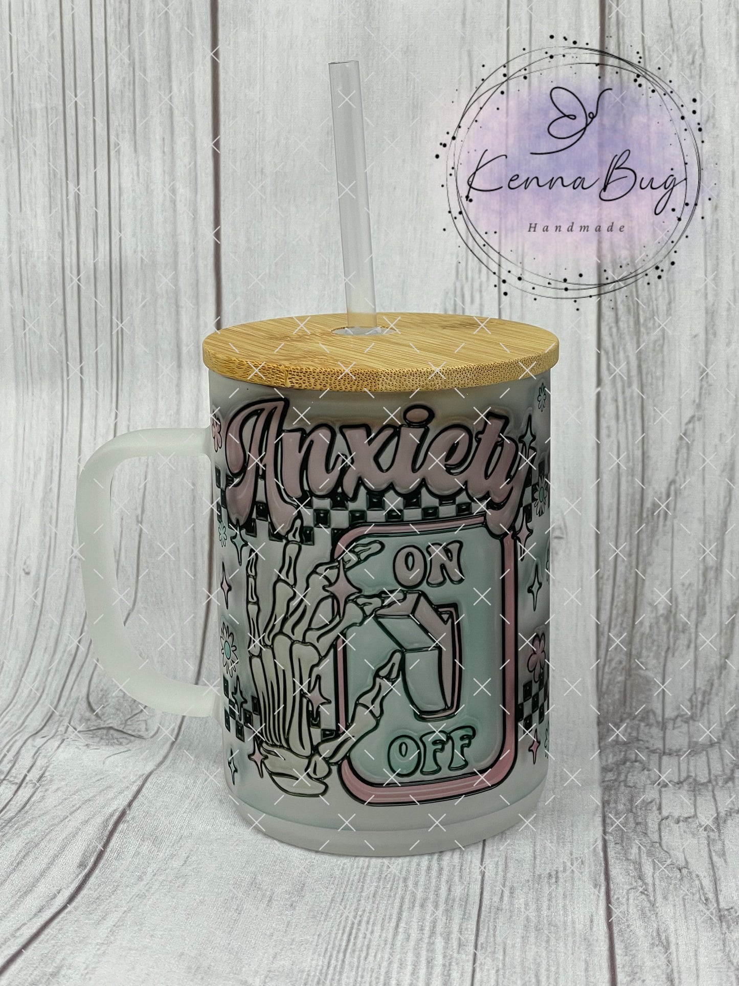 Anxiety On Off, Adult Humor, 16oz Frosted Cup With Handle, Sublimation, Gift, Mothers Day Gift, Gifts for Her, Glass Tumbler, Iced Coffee