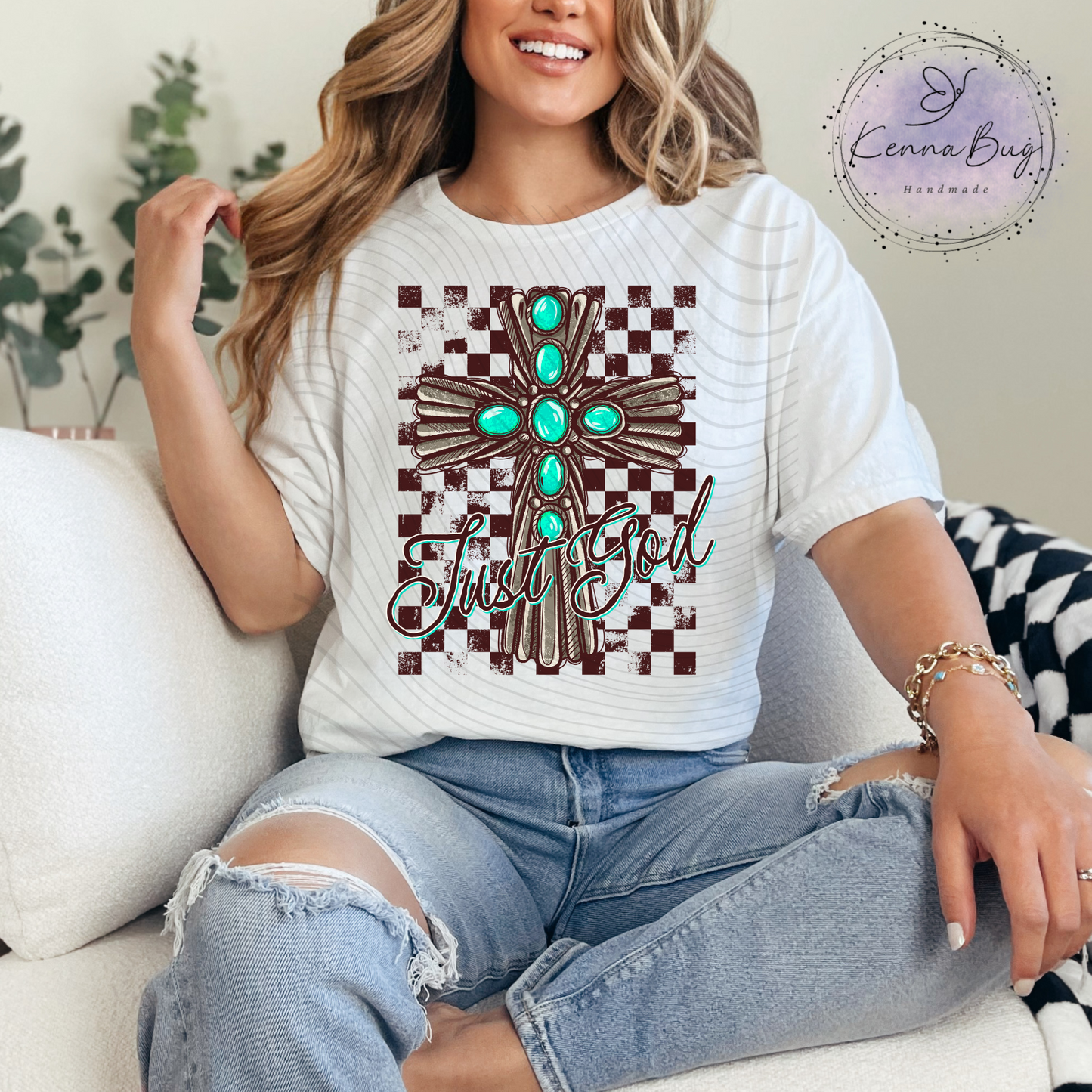 Just God, Checkered, Turquoise, Religious, Cross, DTF Transfer, Ready to Press, Shirt Transfer, Heat Transfer, Direct to film Transfer