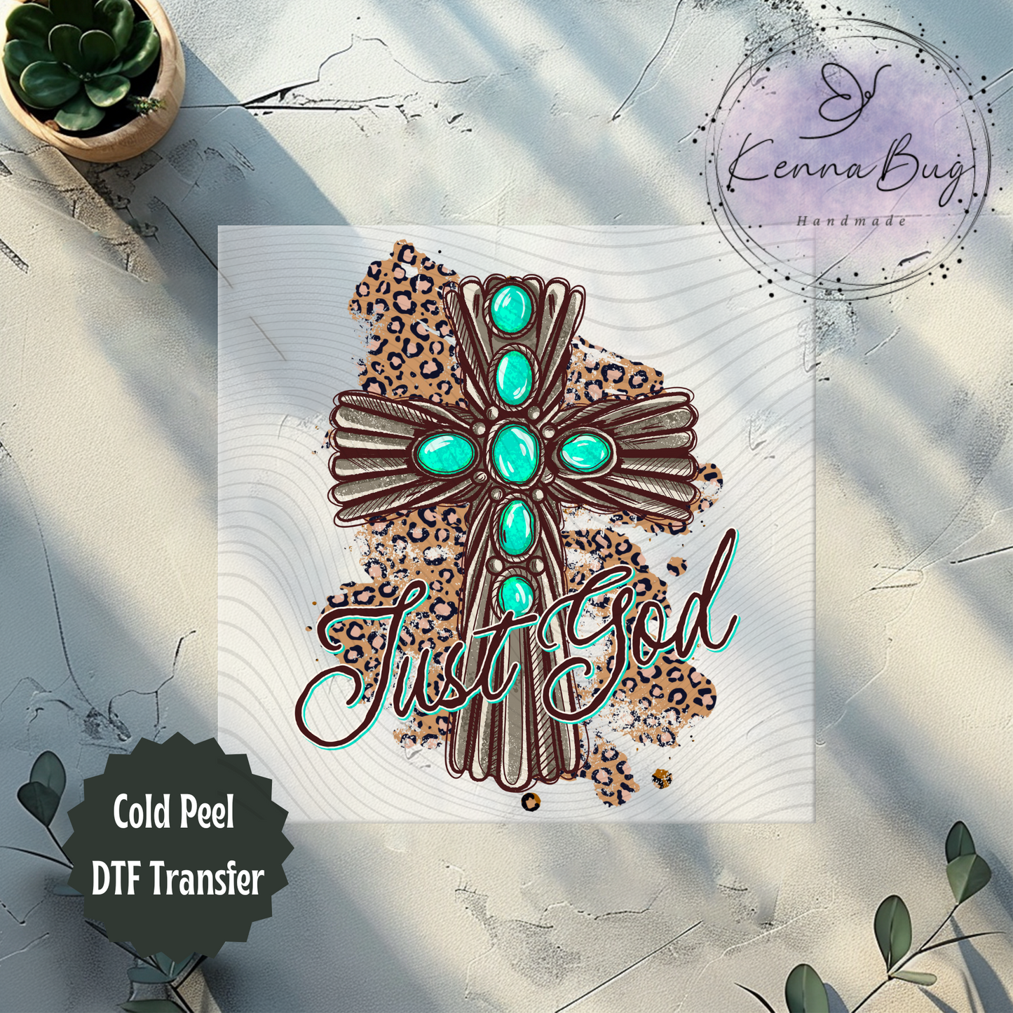 Just God, Leopard Print, Turquoise, Religious, Cross, DTF Transfer, Ready to Press, Shirt Transfer, Heat Transfer, Direct to film Transfer