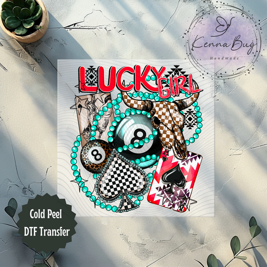 Lucky Girl, Spade, Eight Ball, Bull Skull, Western, DTF Transfer, Ready to Press, Shirt Transfer, Heat Transfer, Direct to film Transfer